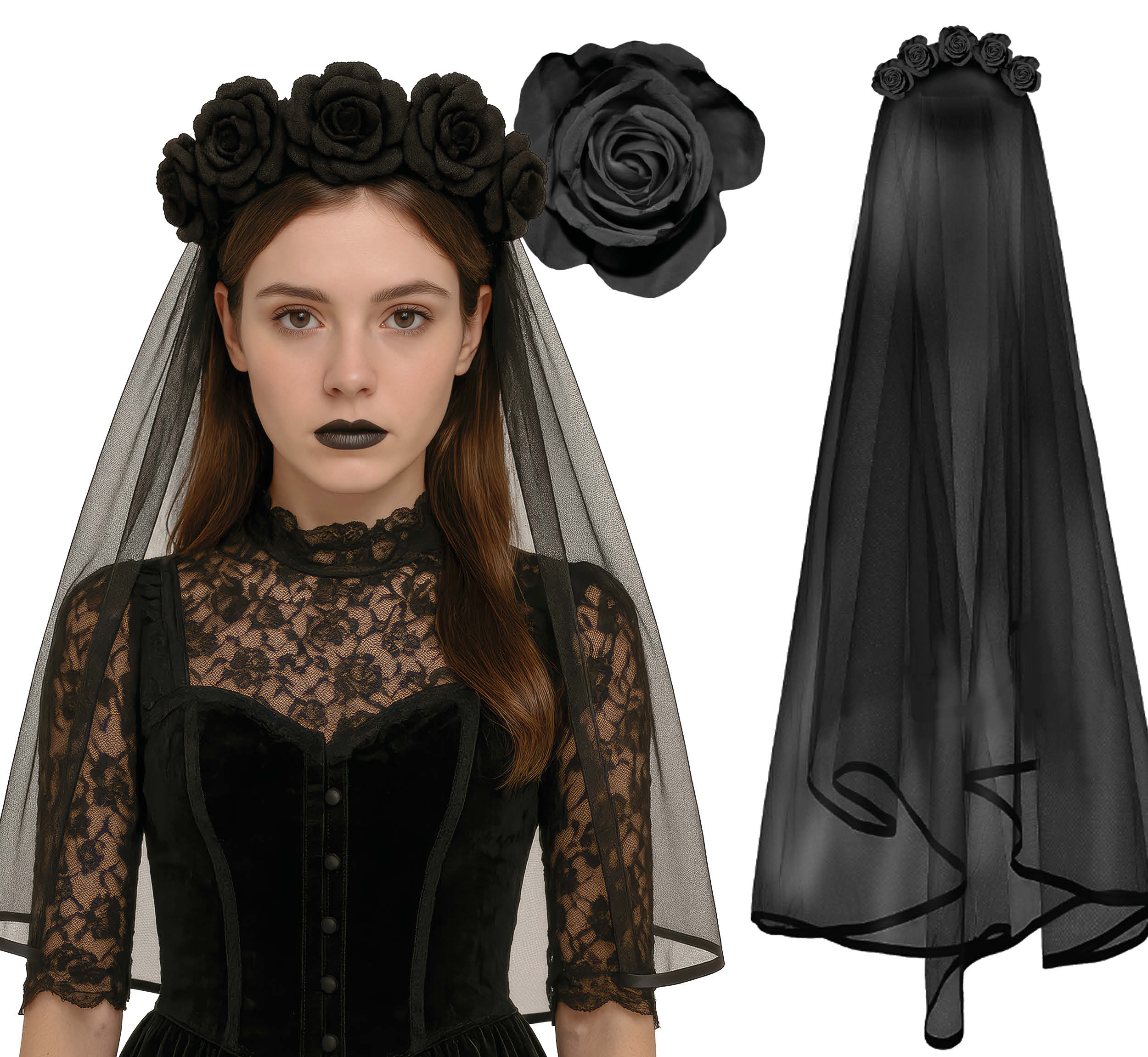 BLACK VELO NECKLACE WITH BLACK FLOWERS
