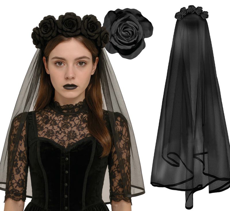 BLACK VELO NECKLACE WITH BLACK FLOWERS