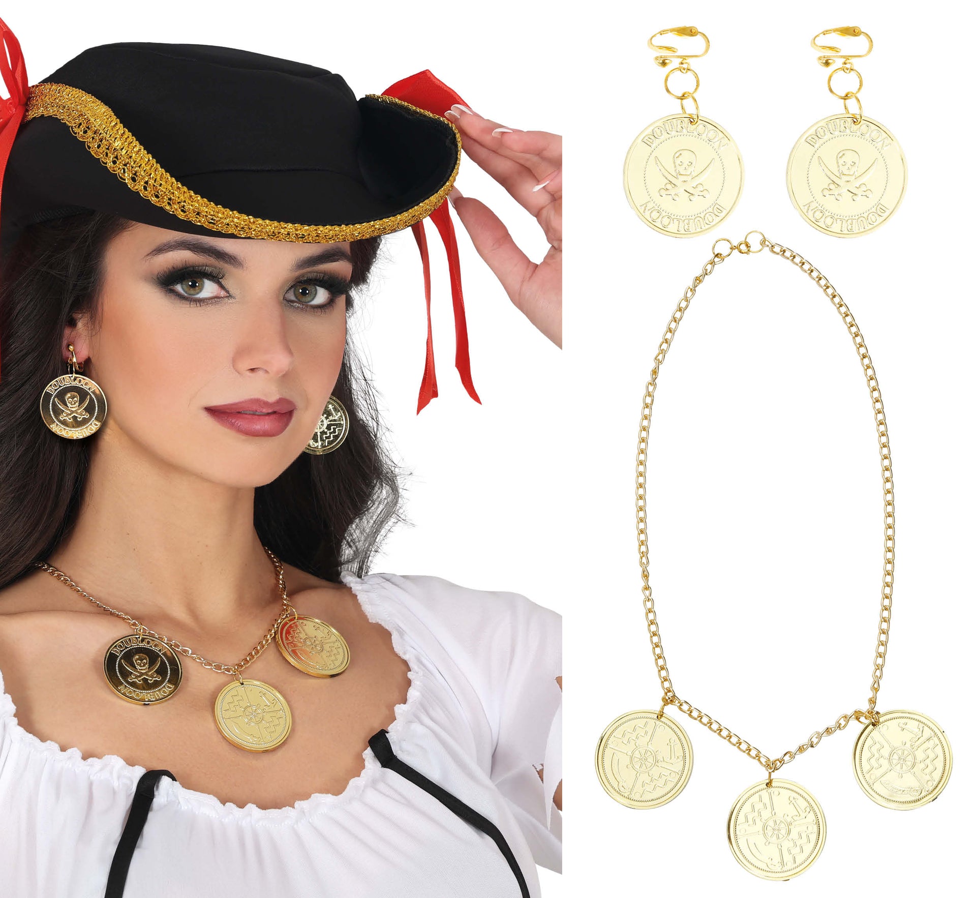 PIRATE COIN NECKLACE AND EARRINGS, ADULT