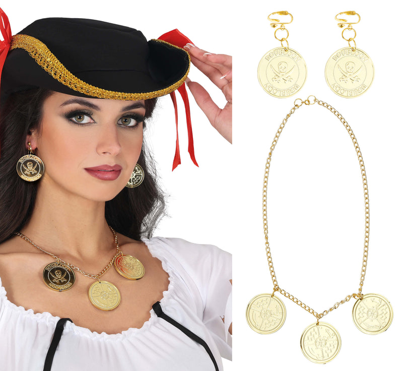 PIRATE COIN NECKLACE AND EARRINGS, ADULT