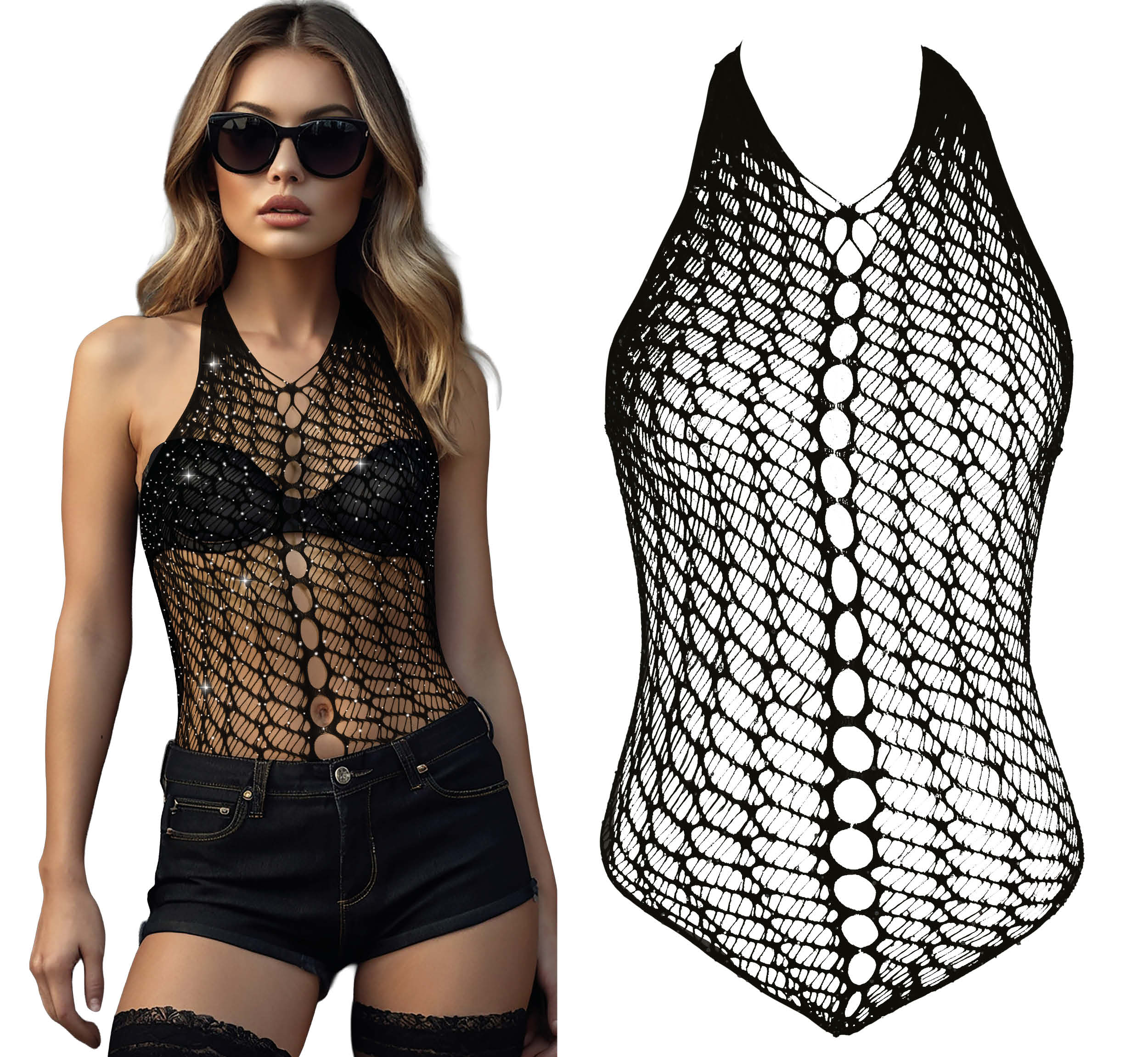 BLACK FISHNET BODYSUIT WITH RHINESTONES, ADULT