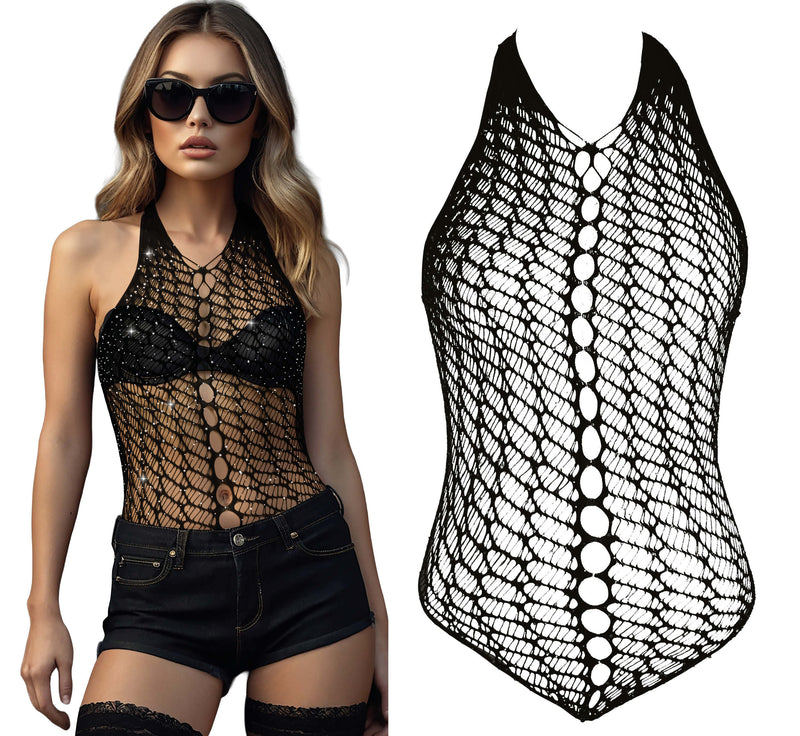 BLACK FISHNET BODYSUIT WITH RHINESTONES, ADULT