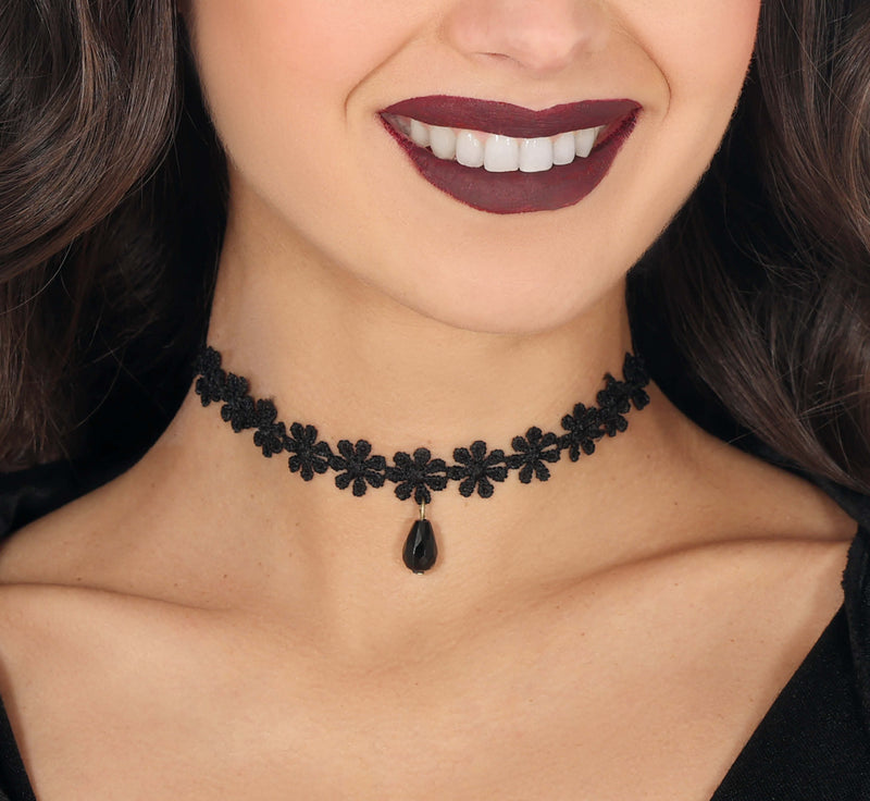 BLACK EMBROIDERED CHOKER WITH FLOWERS