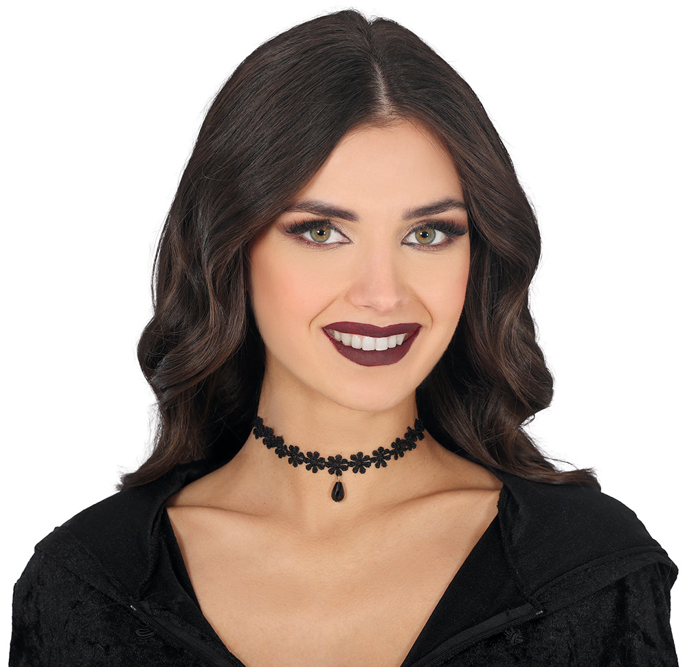 BLACK EMBROIDERED CHOKER WITH FLOWERS