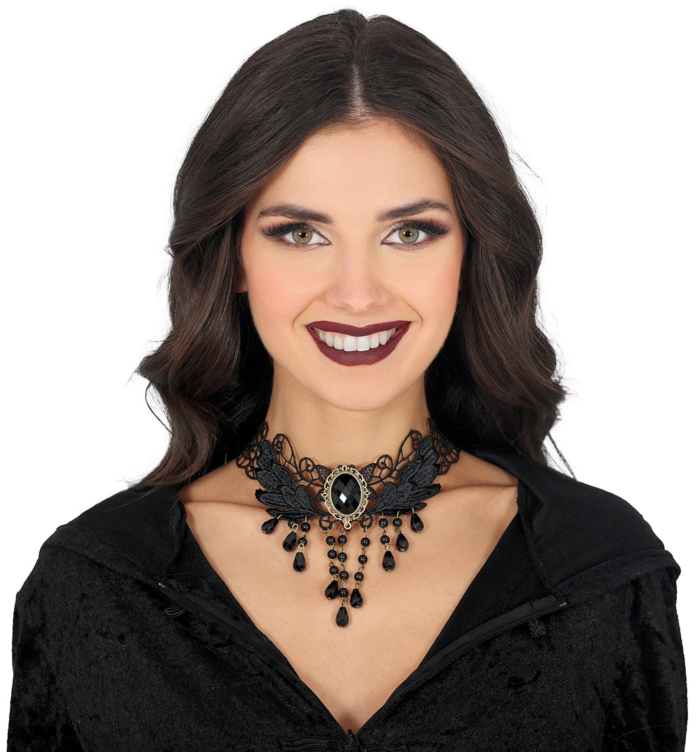 BLACK EMBROIDERED CHOKER WITH BEADS