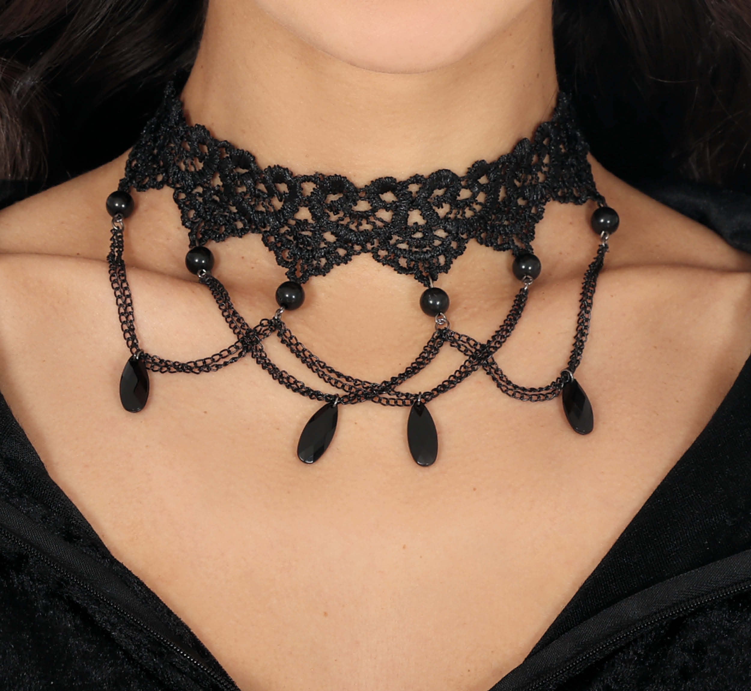 BLACK EMBROIDERED CHOKER WITH BEADS