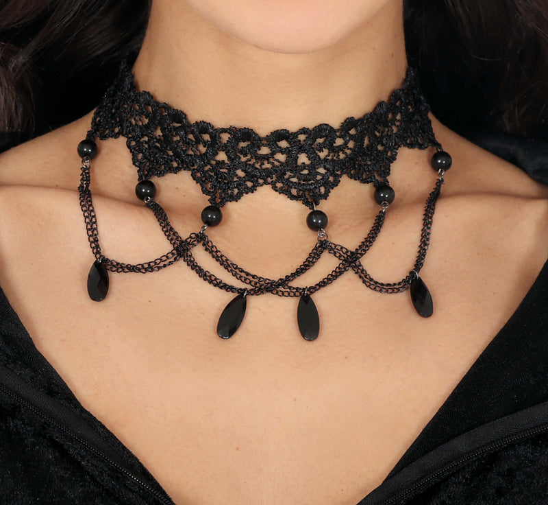 BLACK EMBROIDERED CHOKER WITH BEADS