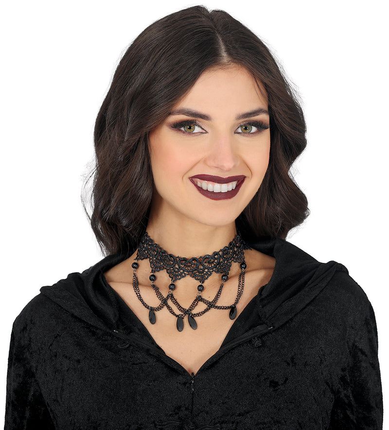 BLACK EMBROIDERED CHOKER WITH BEADS