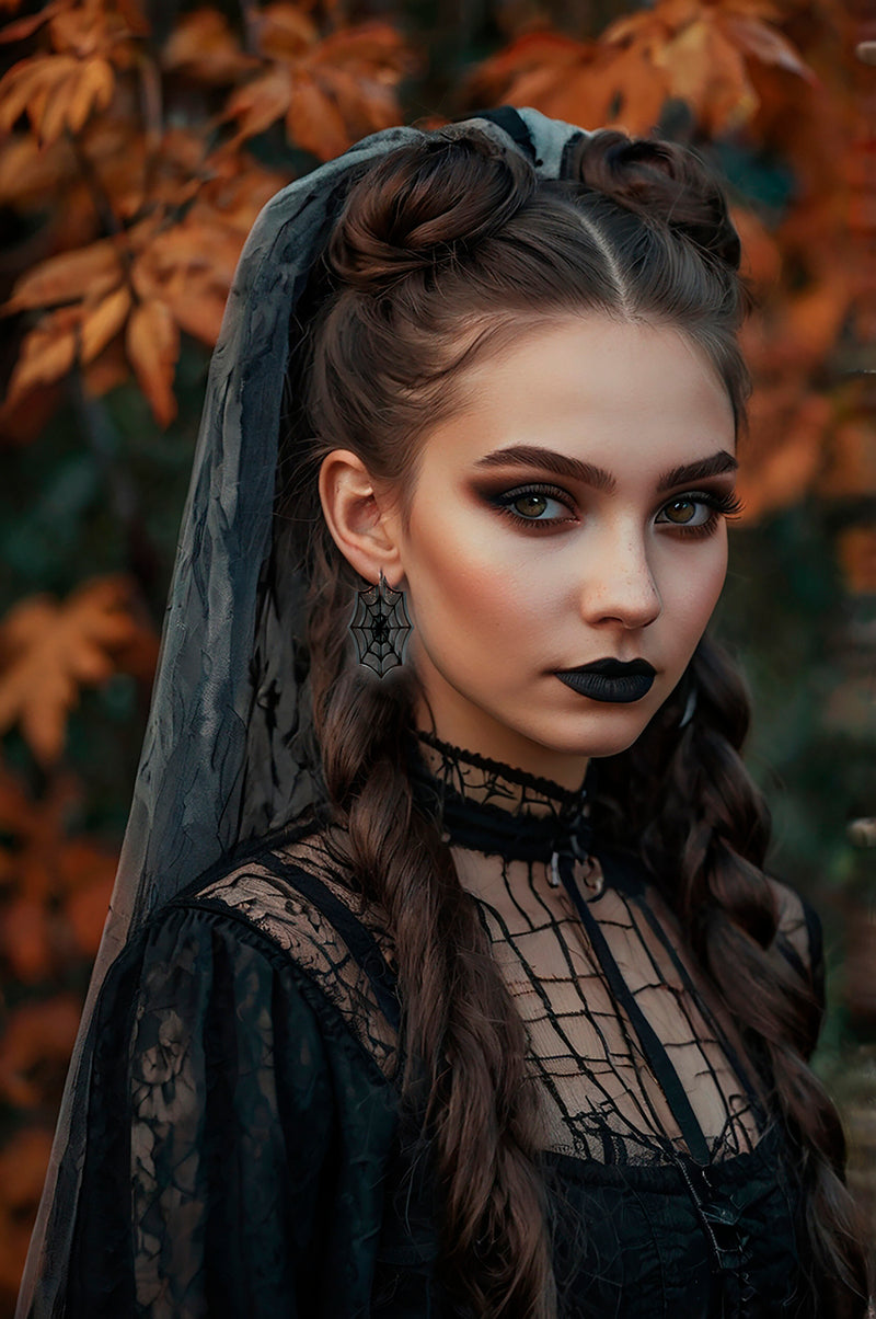 BLACK SPIDERWEB EARRINGS, 5 CM
