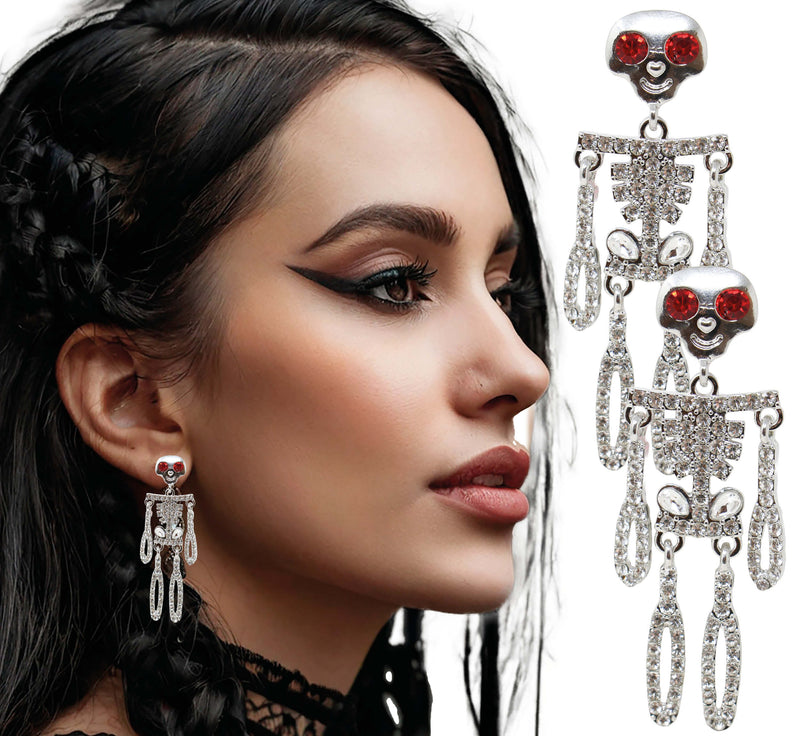 SPARKLING SKELETON EARRINGS SILVER, 6.5 CM