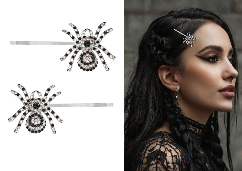 SET OF 2 SPARKLING SILVER SPIDER HAIR CLIPS, 7.5 C