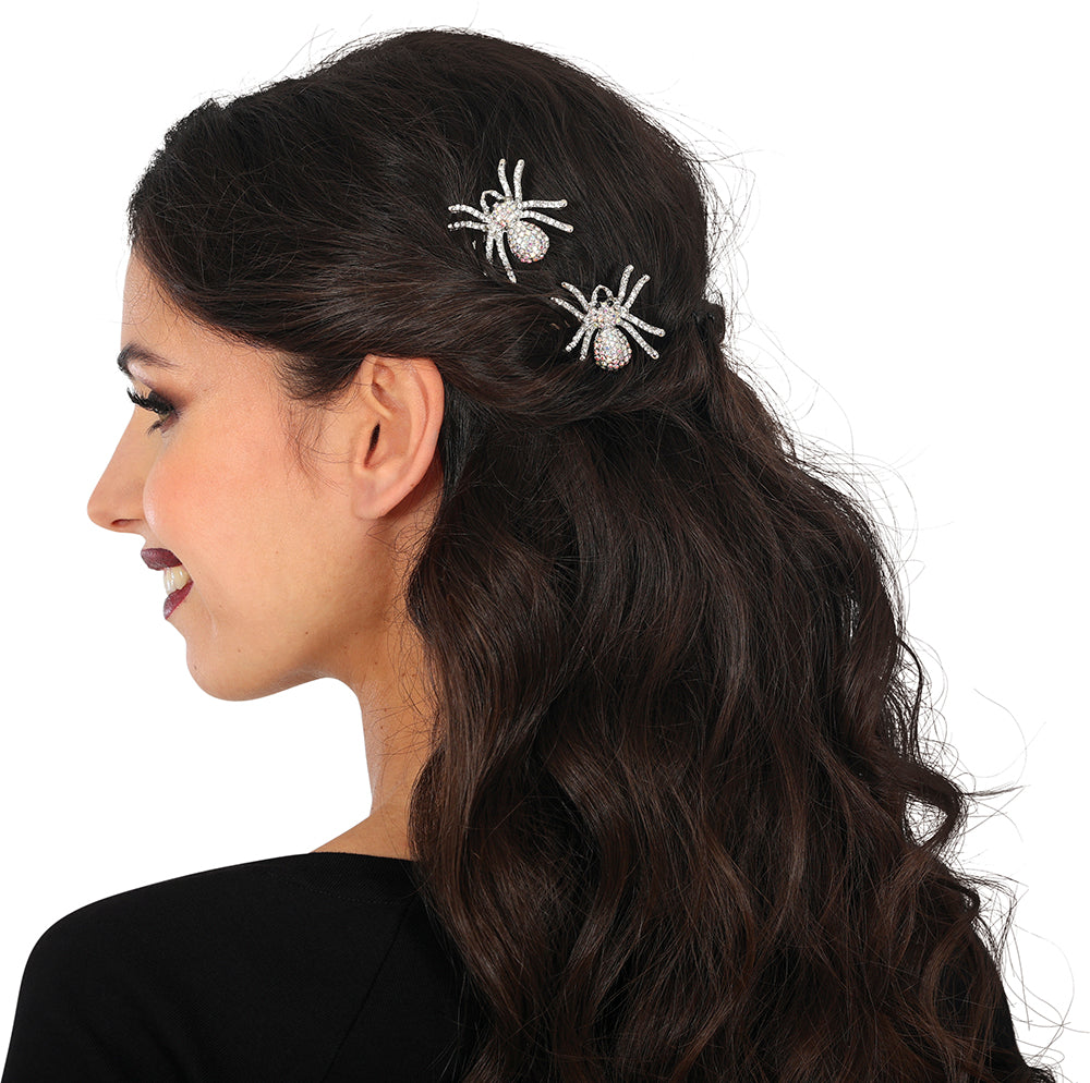 SET OF 2 SPARKLING SILVER SPIDER HAIR CLIPS, 7.5 C