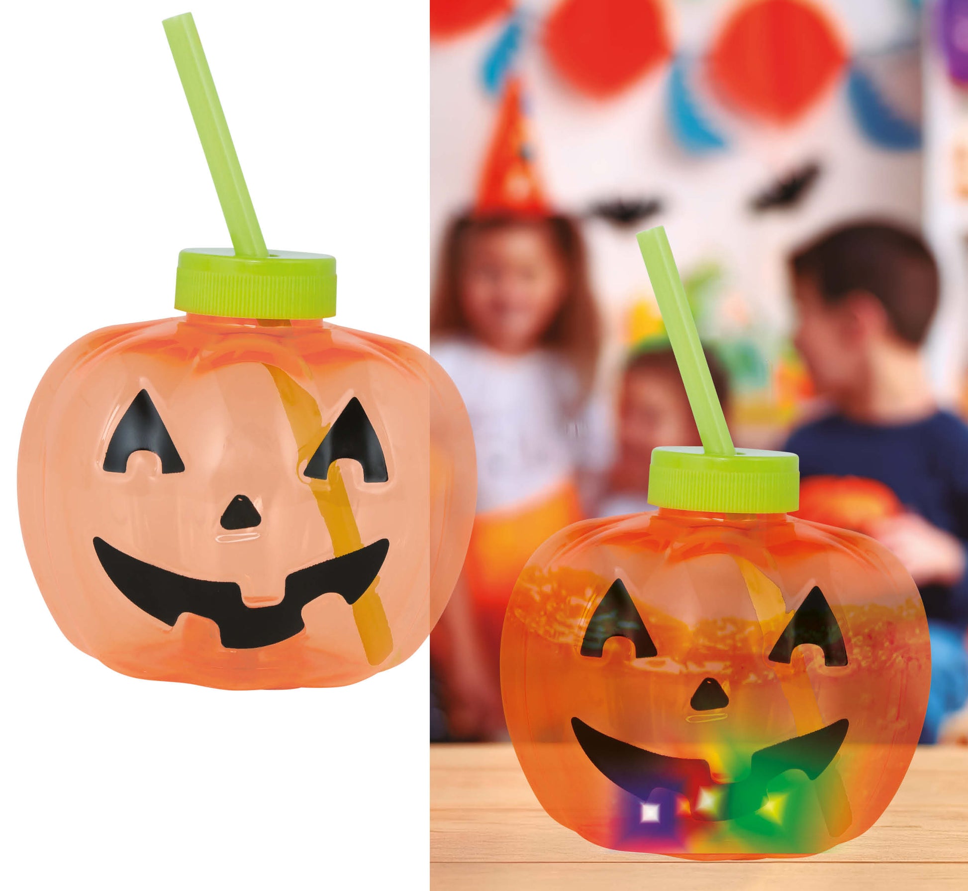 PUMPKIN CUP WITH STRAW, LED, 17 CM
