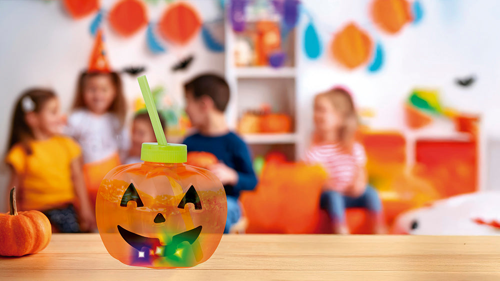 PUMPKIN CUP WITH STRAW, LED, 17 CM