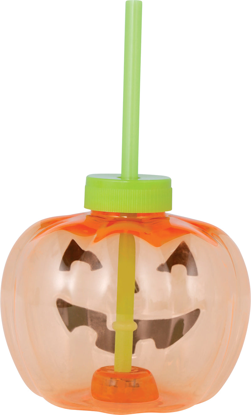 PUMPKIN CUP WITH STRAW, LED, 17 CM