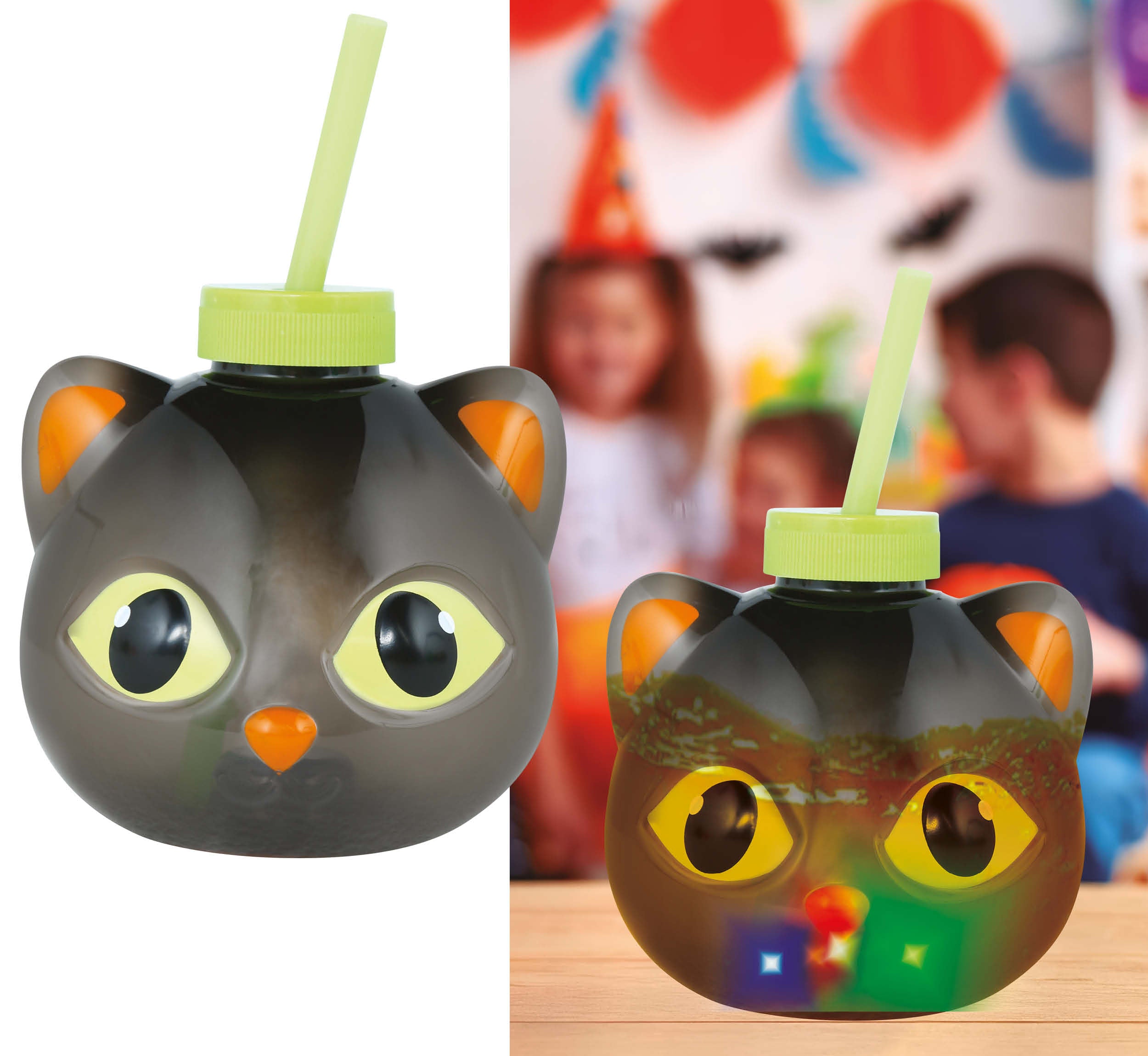 CAT CUP WITH STRAW, LED, 17 CM