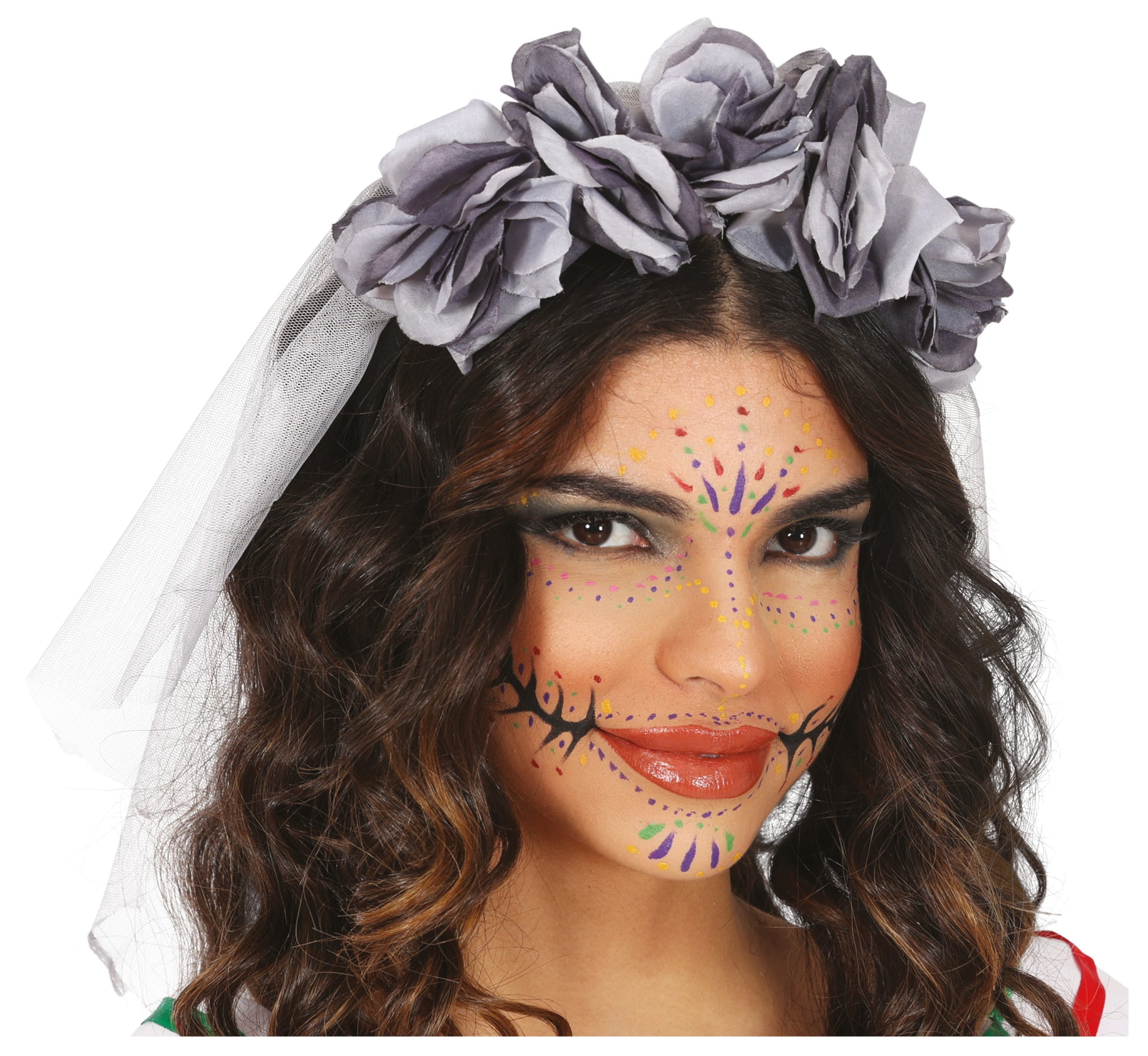 HEADBAND WITH VEIL AND GREY FLOWERS
