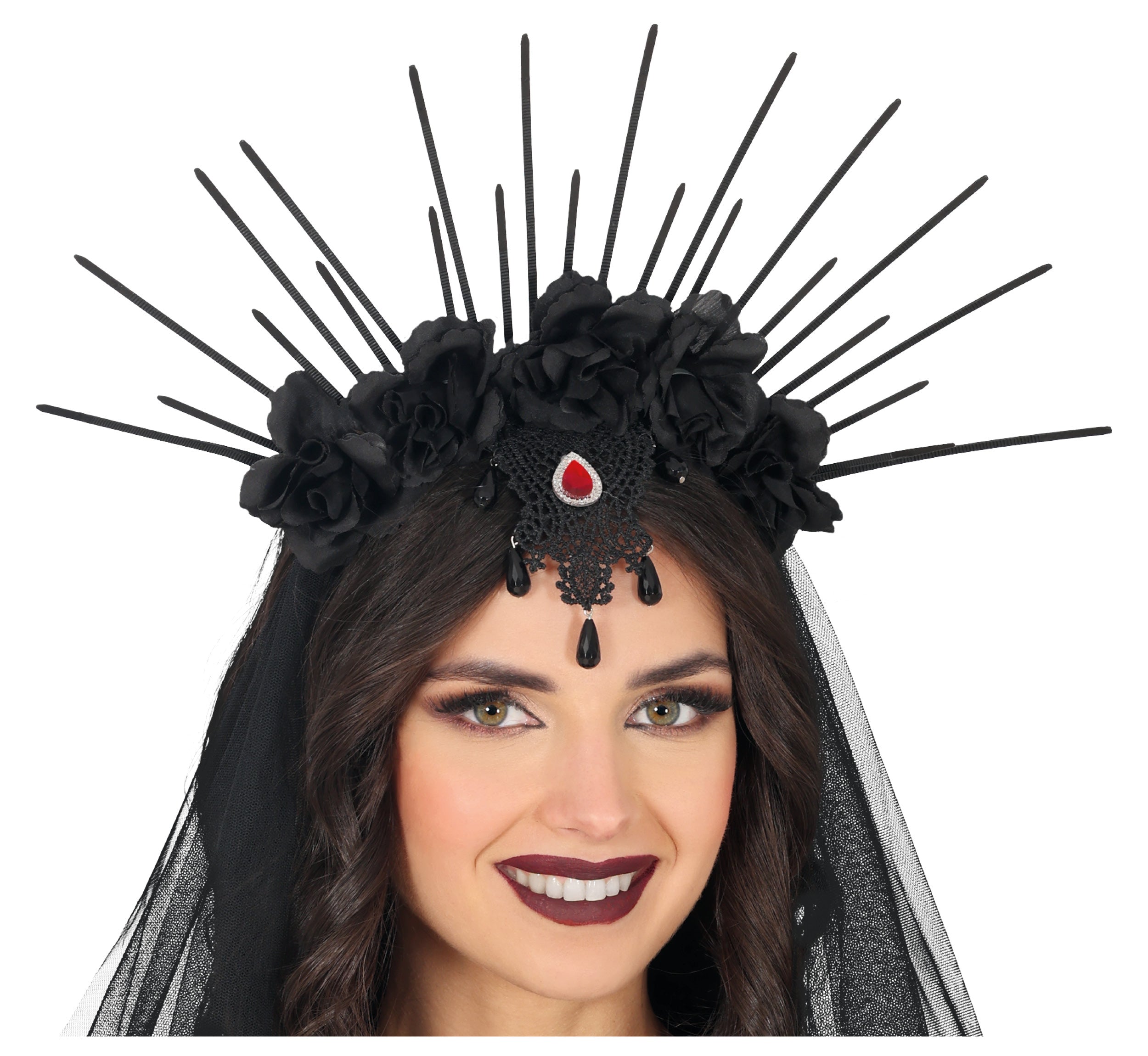 HEADBAND WITH VEIL AND BLACK FLOWERS