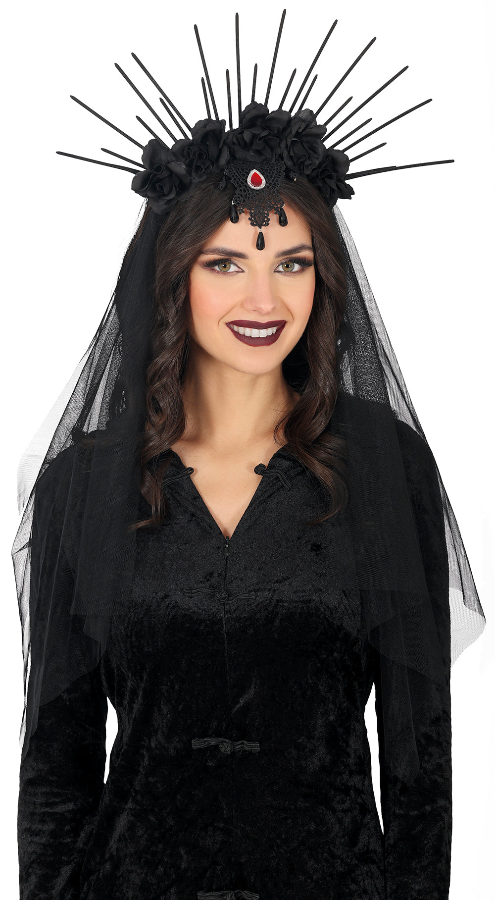HEADBAND WITH VEIL AND BLACK FLOWERS