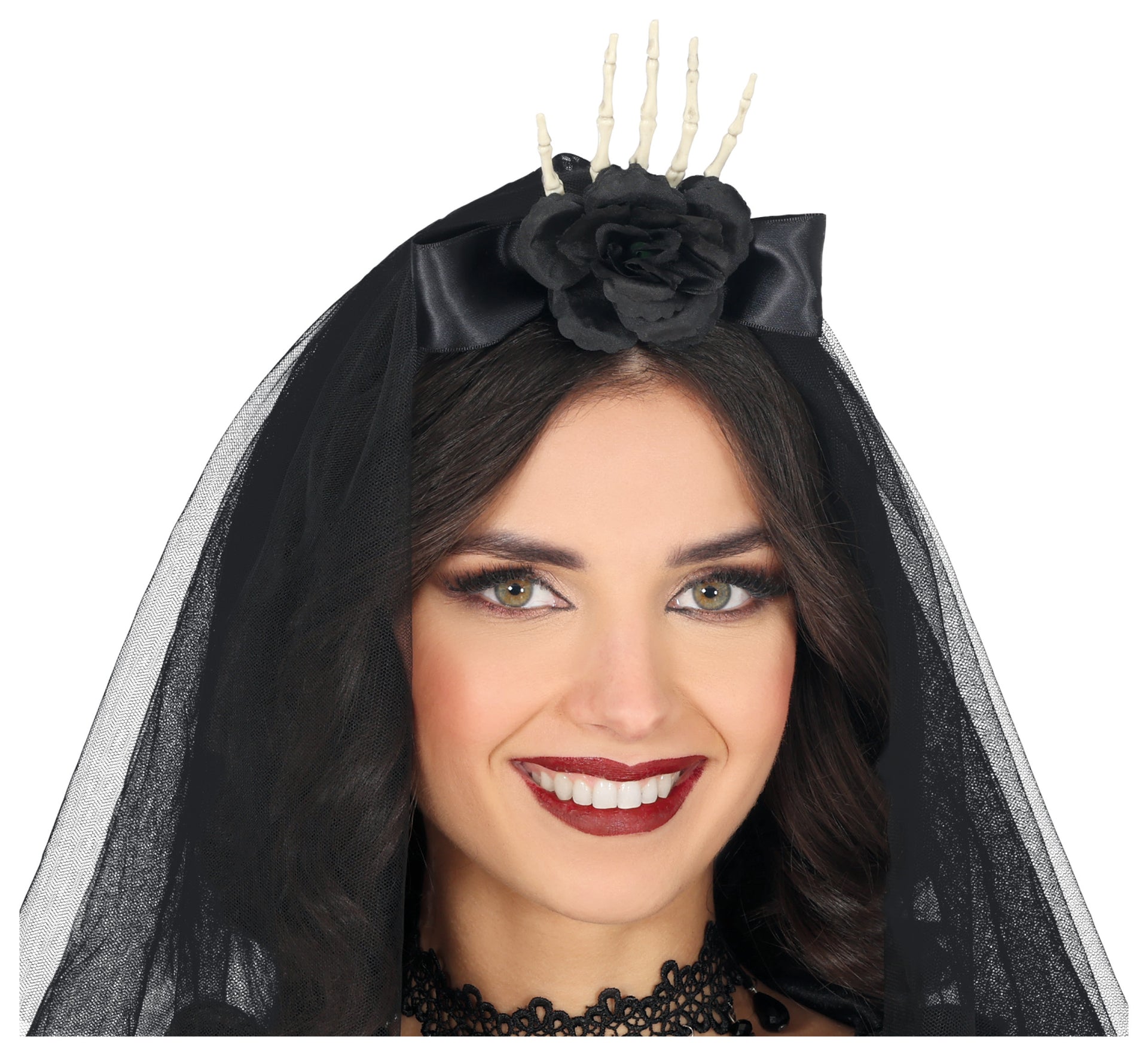 HEADBAND WITH HAND VEIL AND BLACK FLOWER