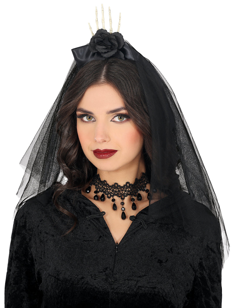 HEADBAND WITH HAND VEIL AND BLACK FLOWER