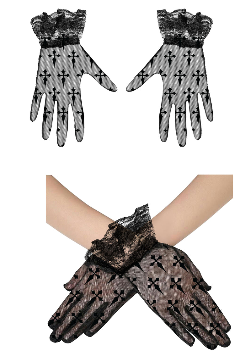 LACE FABRIC GLOVES CROSSES BLACK 22 CM