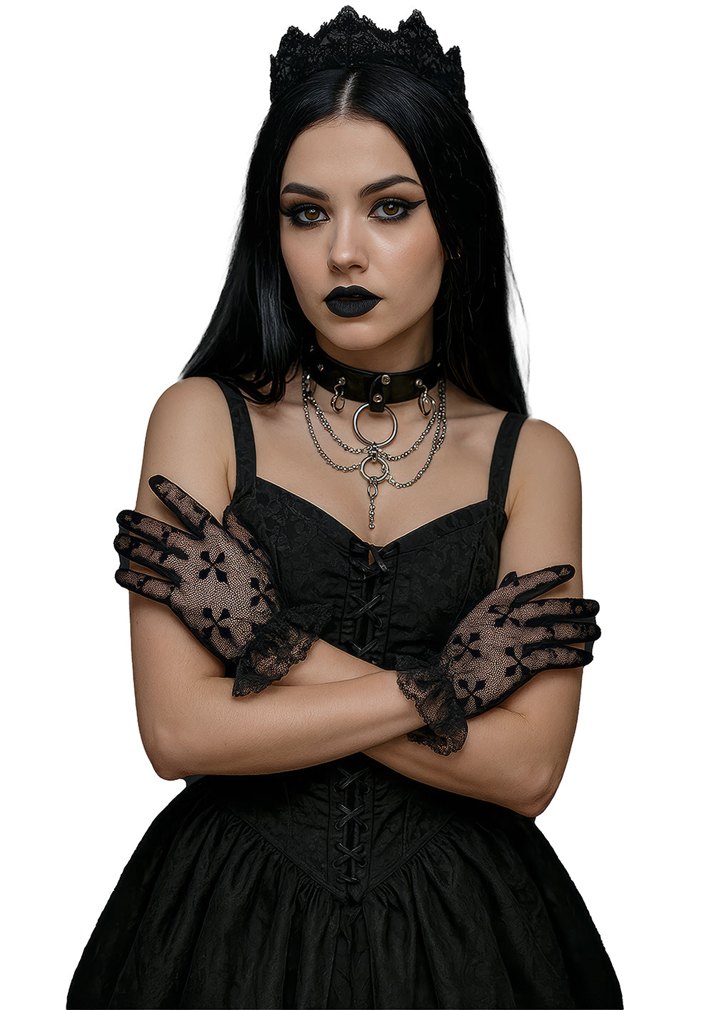 LACE FABRIC GLOVES CROSSES BLACK 22 CM