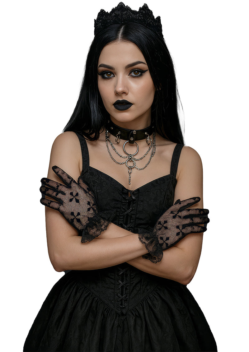 LACE FABRIC GLOVES CROSSES BLACK 22 CM