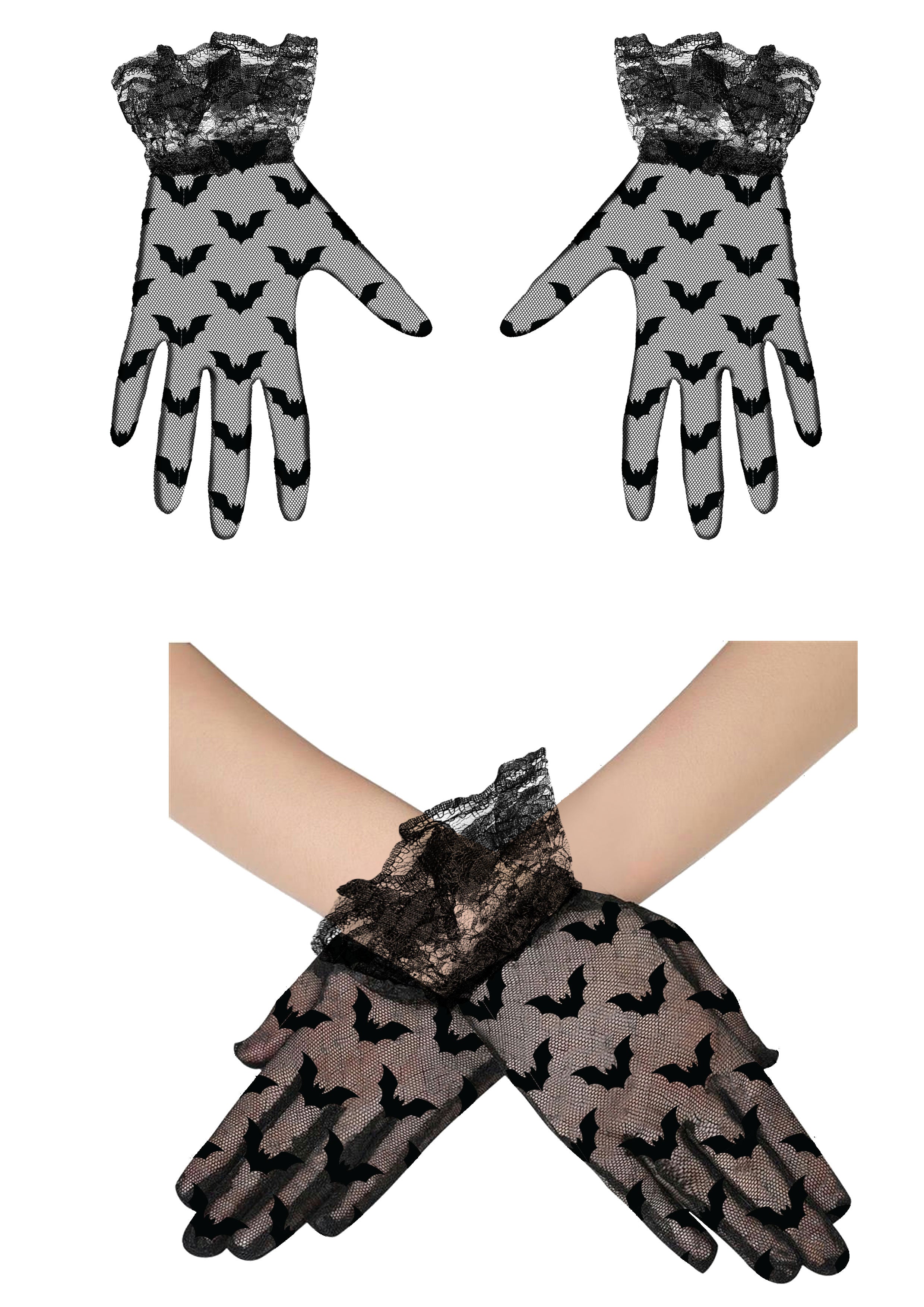 LACE FABRIC GLOVES BATS BLACK 22 CM