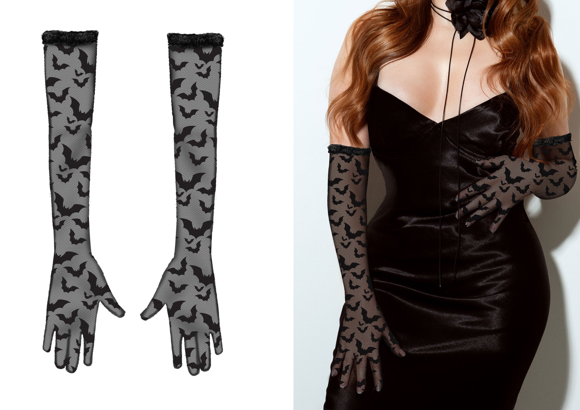 LACE FABRIC GLOVES BATS BLACK 38 CM
