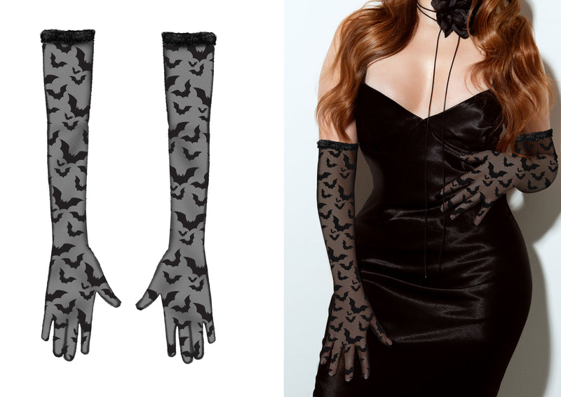 LACE FABRIC GLOVES BATS BLACK 38 CM