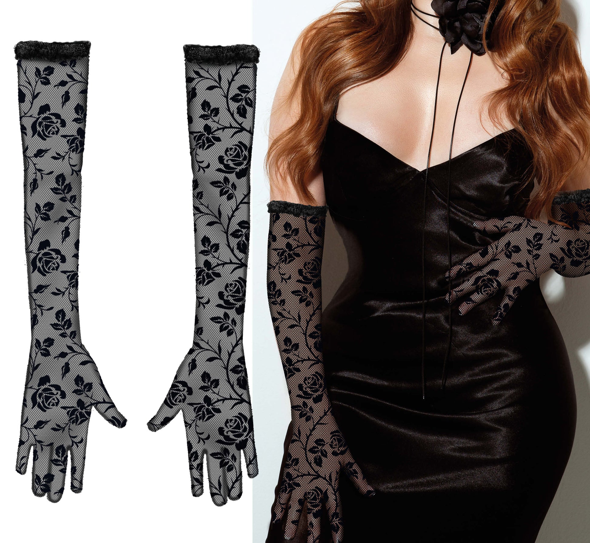 LACE FABRIC GLOVES FLOWERS BLACK 38 CM