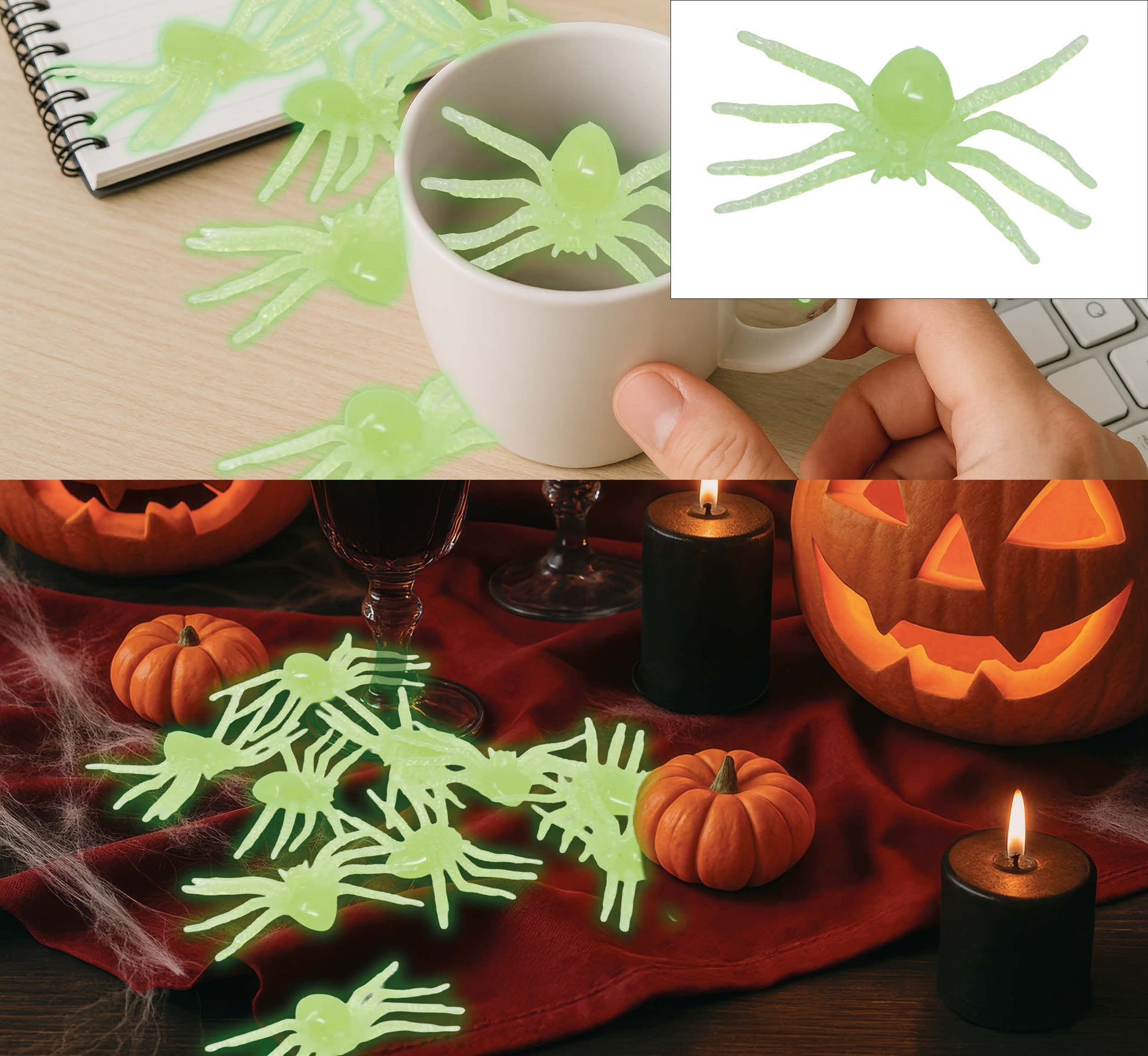 BAG OF 10 FLUORESCENT SPIDERS, 5 CM