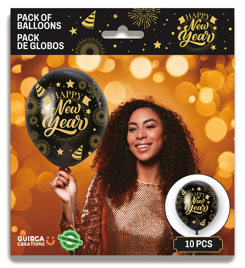 BAG 10 BLACK HAPPY NEW YEAR BALLOONS