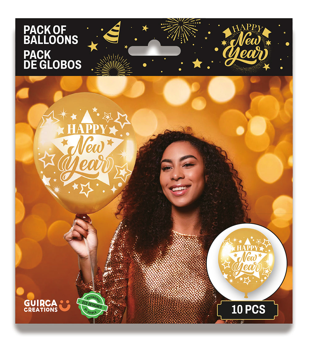 BAG OF 10 GOLD HAPPY NEW YEAR BALLOONS