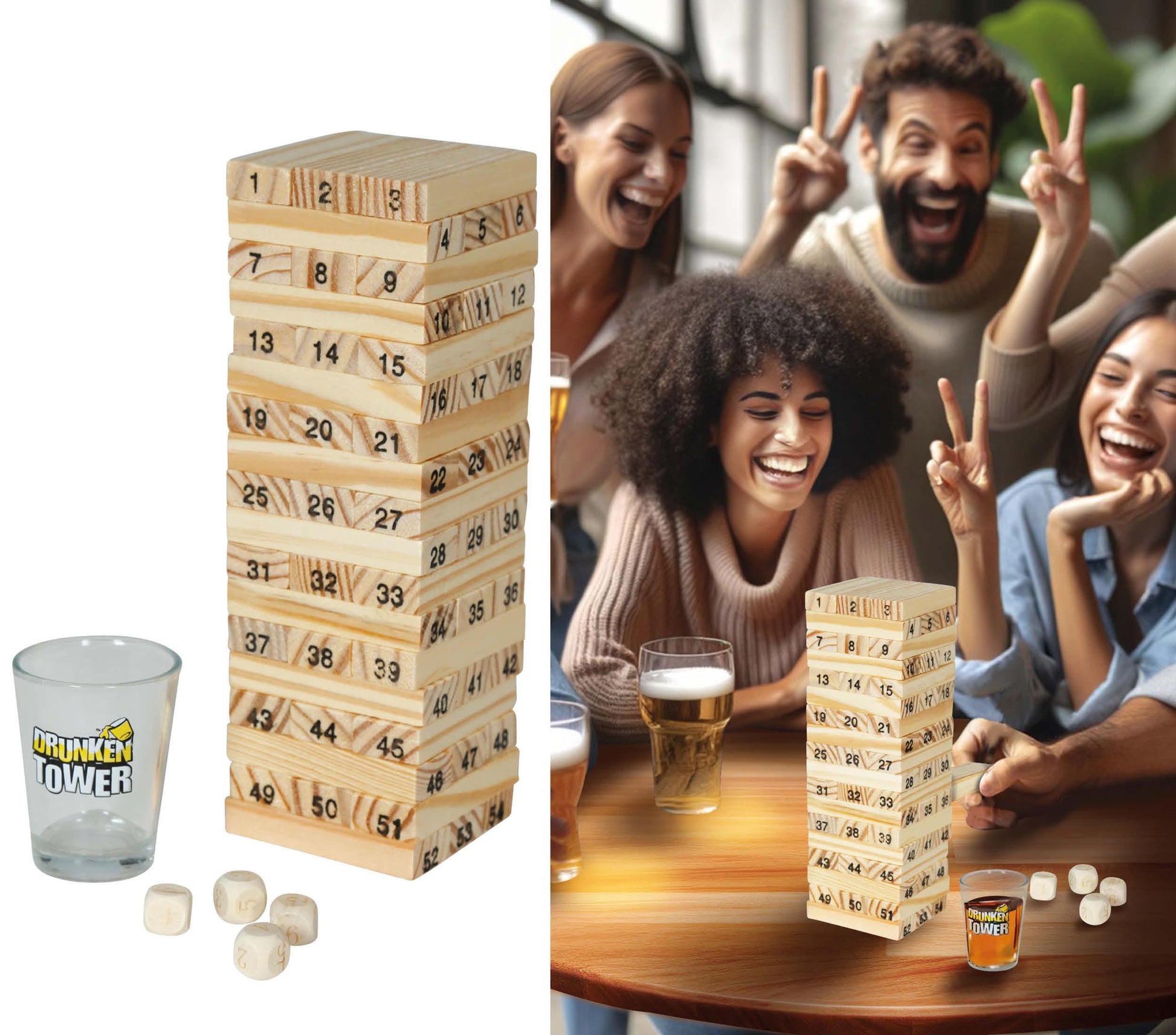 DRINKING GAME WOODEN BLOCKS & 4 SHOT GLASSES