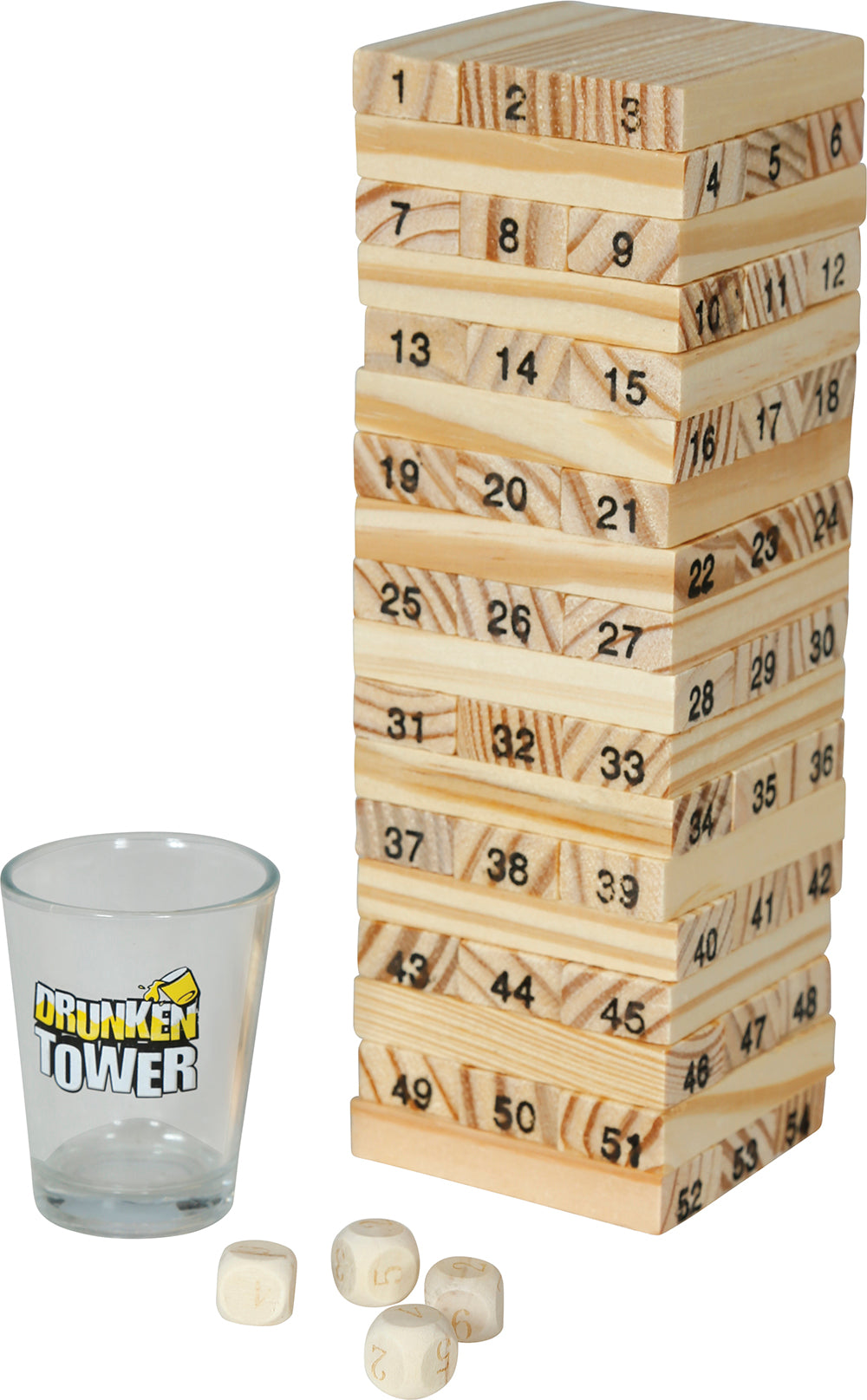 DRINKING GAME WOODEN BLOCKS & 4 SHOT GLASSES