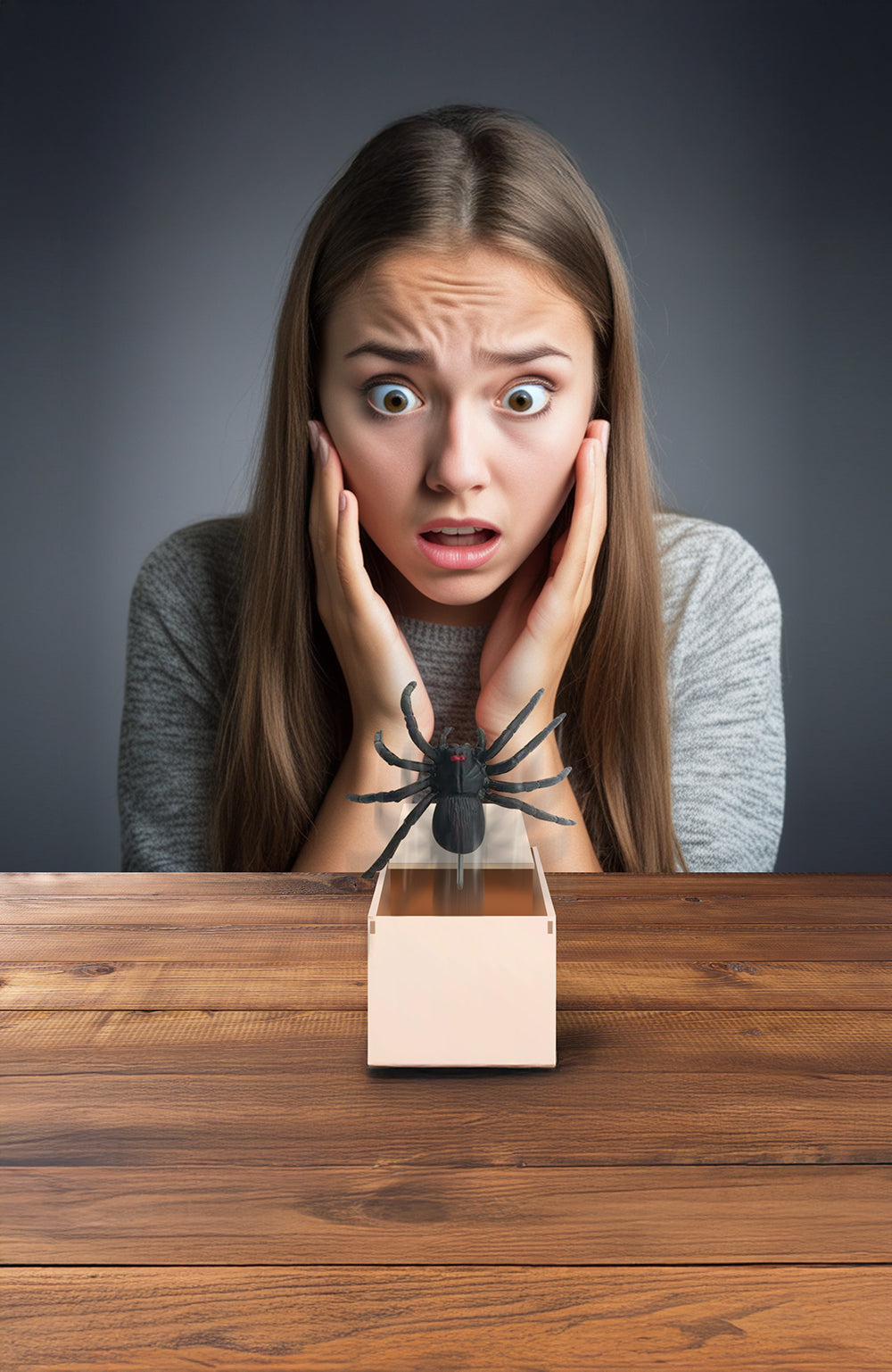 WOODEN BOX WITH PRANK SPIDER