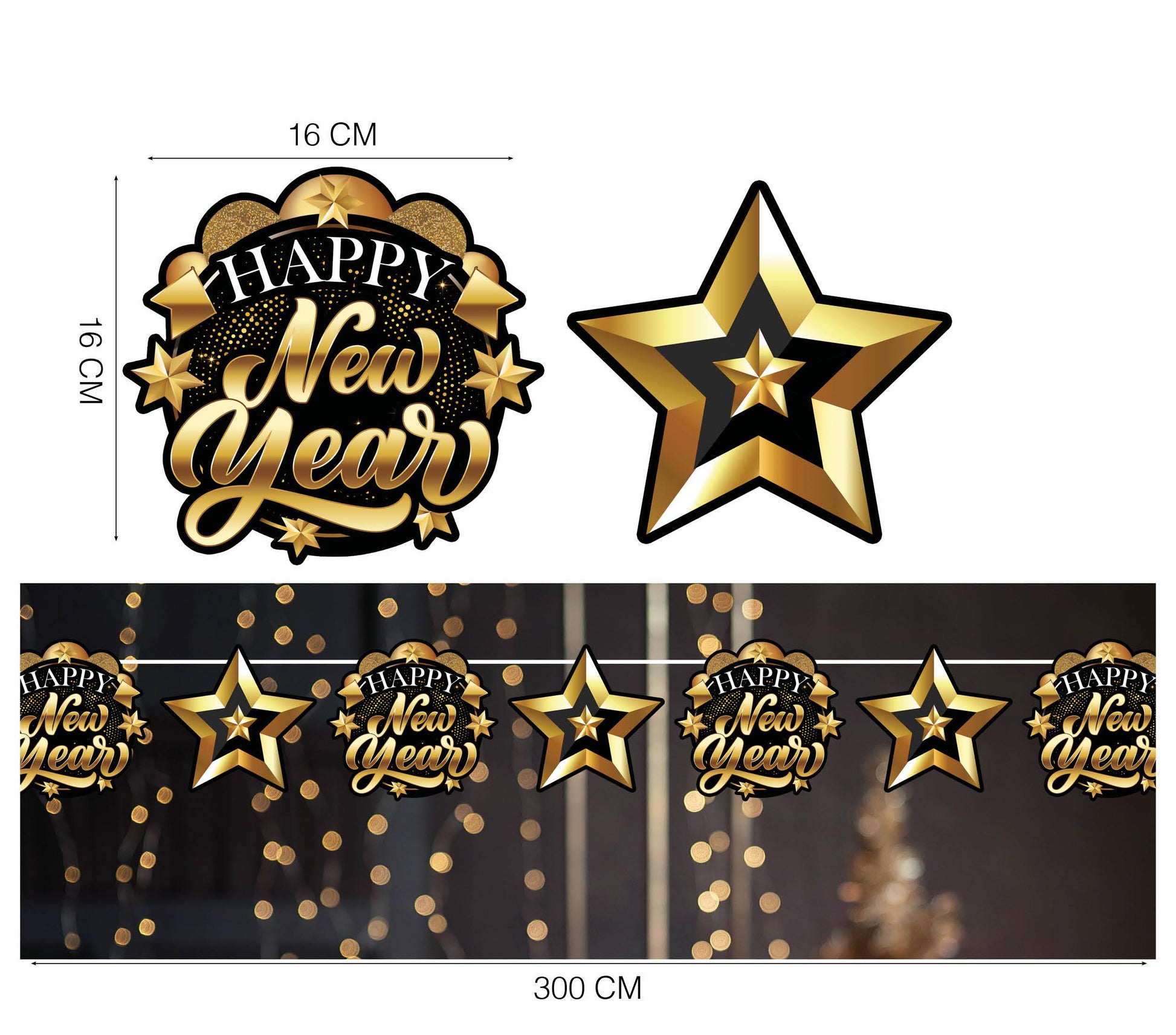 HAPPY NEW YEAR GARLAND, 300 CM, 16X16 CM