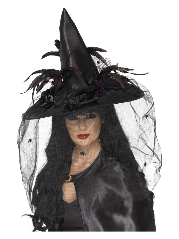 Witch Hat, Feathers & Netting, Black - 2