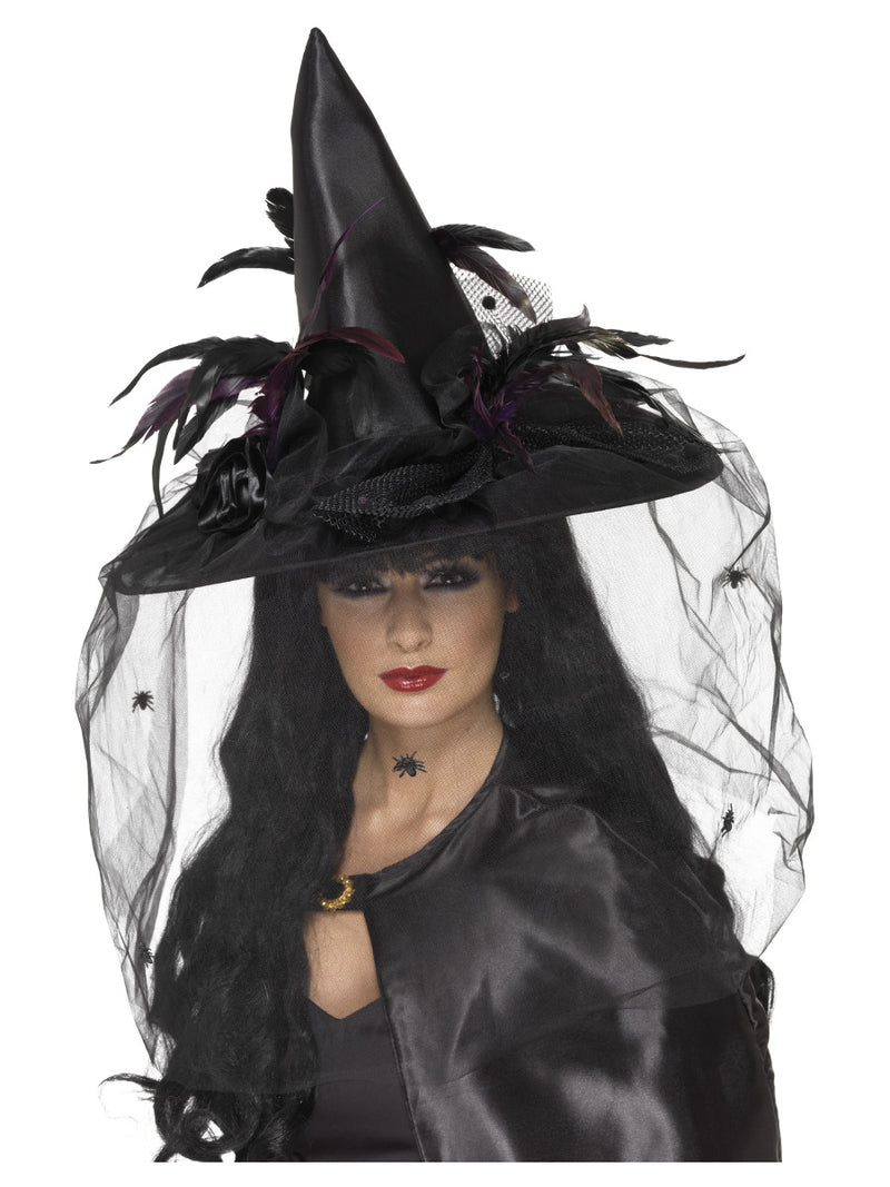 Witch Hat, Feathers & Netting, Black - 1