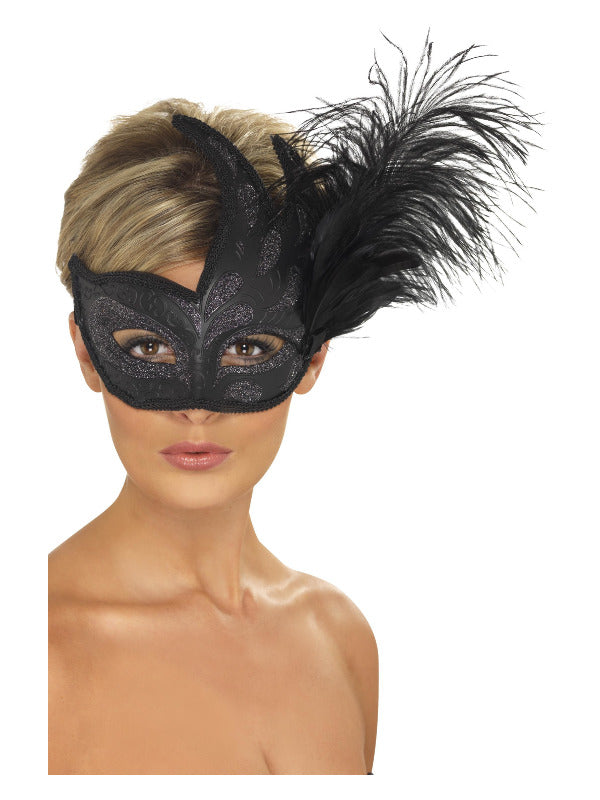 Ornate Colombina Feather Mask, Black - 2