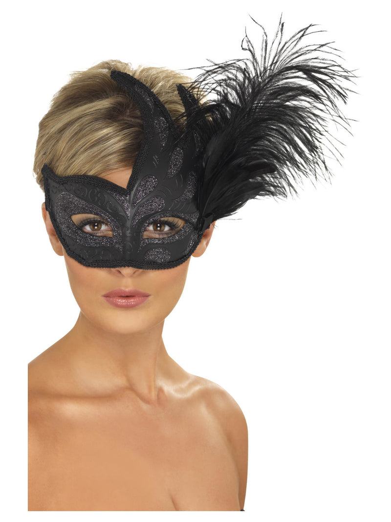 Ornate Colombina Feather Mask, Black - 1