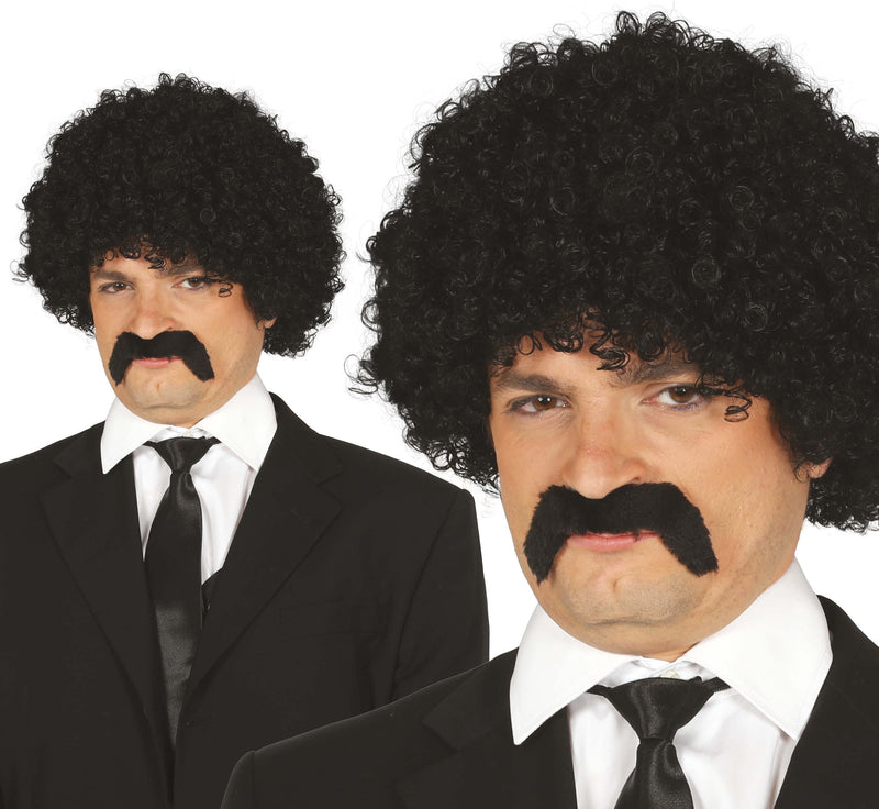 BLACK CURLY WIG WITH MOUSTACHE IN BOX