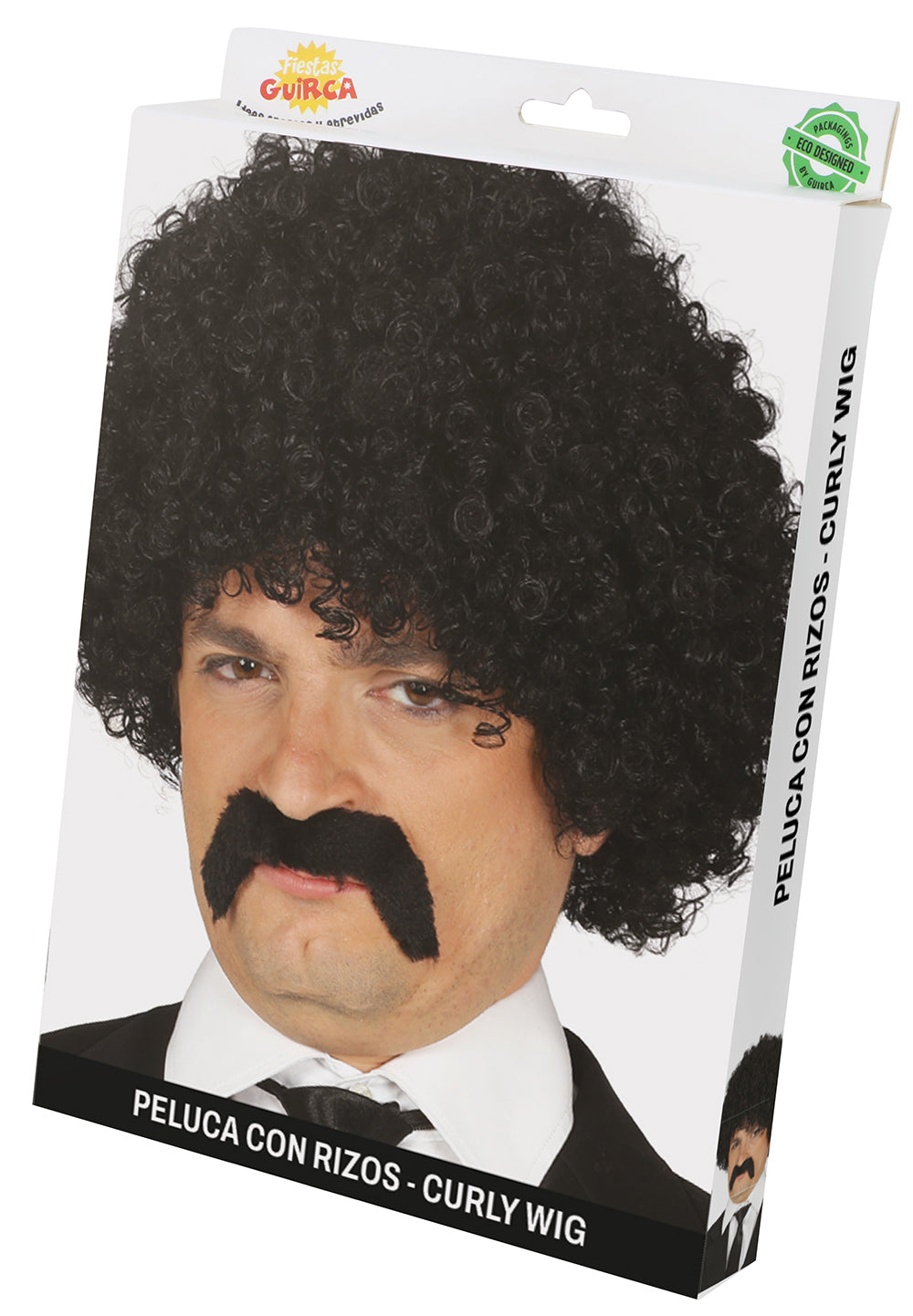BLACK CURLY WIG WITH MOUSTACHE IN BOX