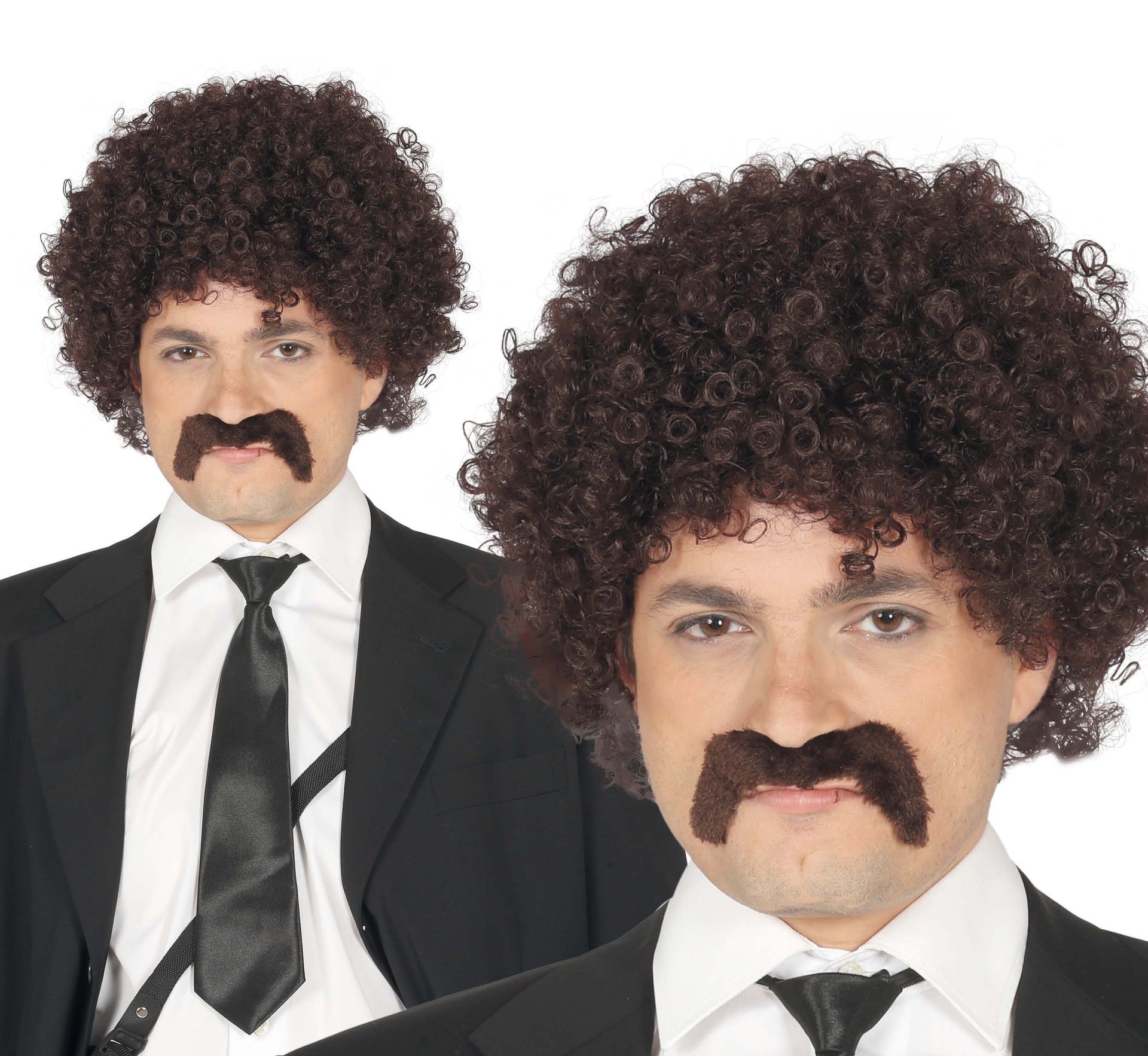BROWN CURLY WIG WITH MOUSTACHE IN BOX