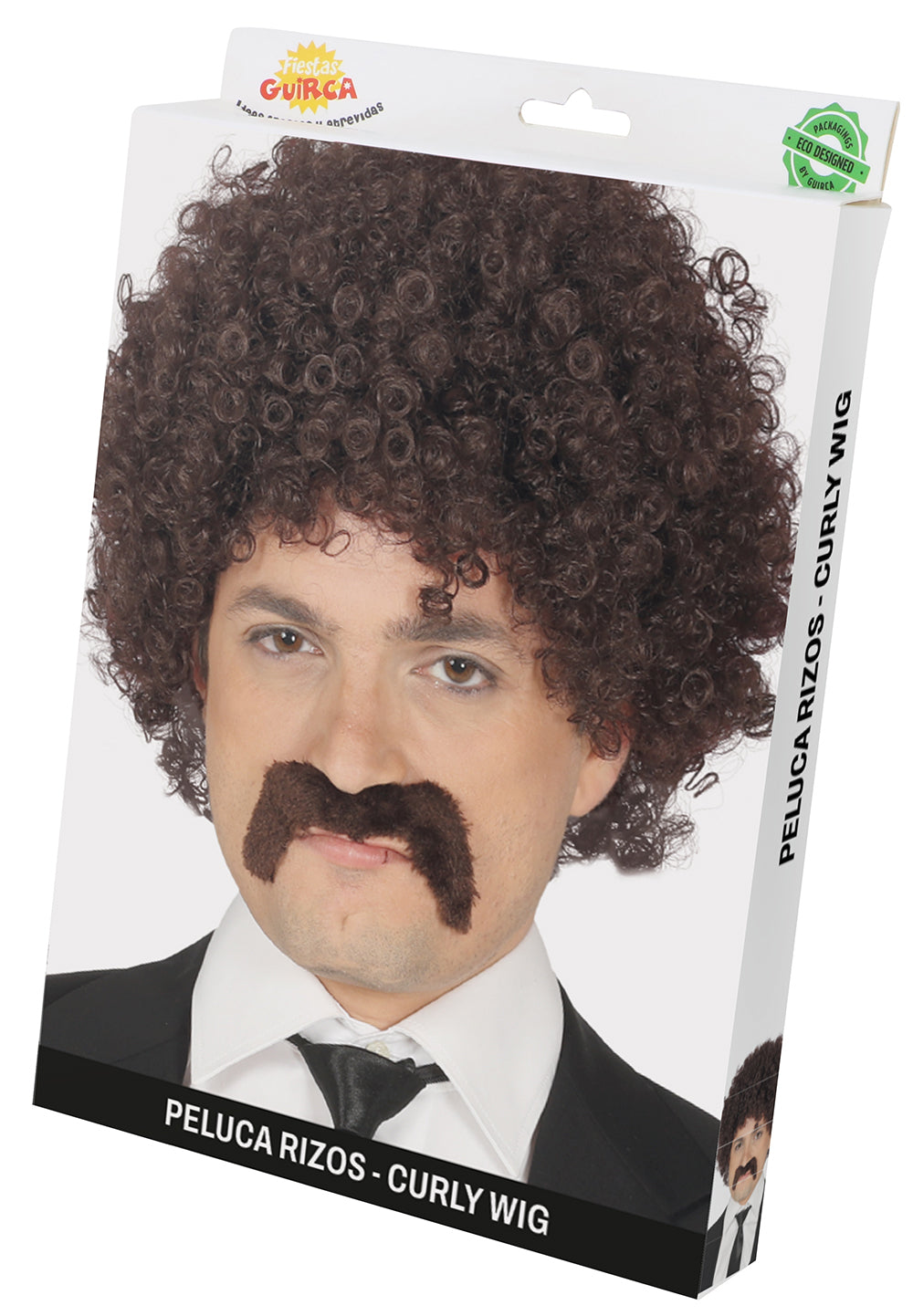 BROWN CURLY WIG WITH MOUSTACHE IN BOX