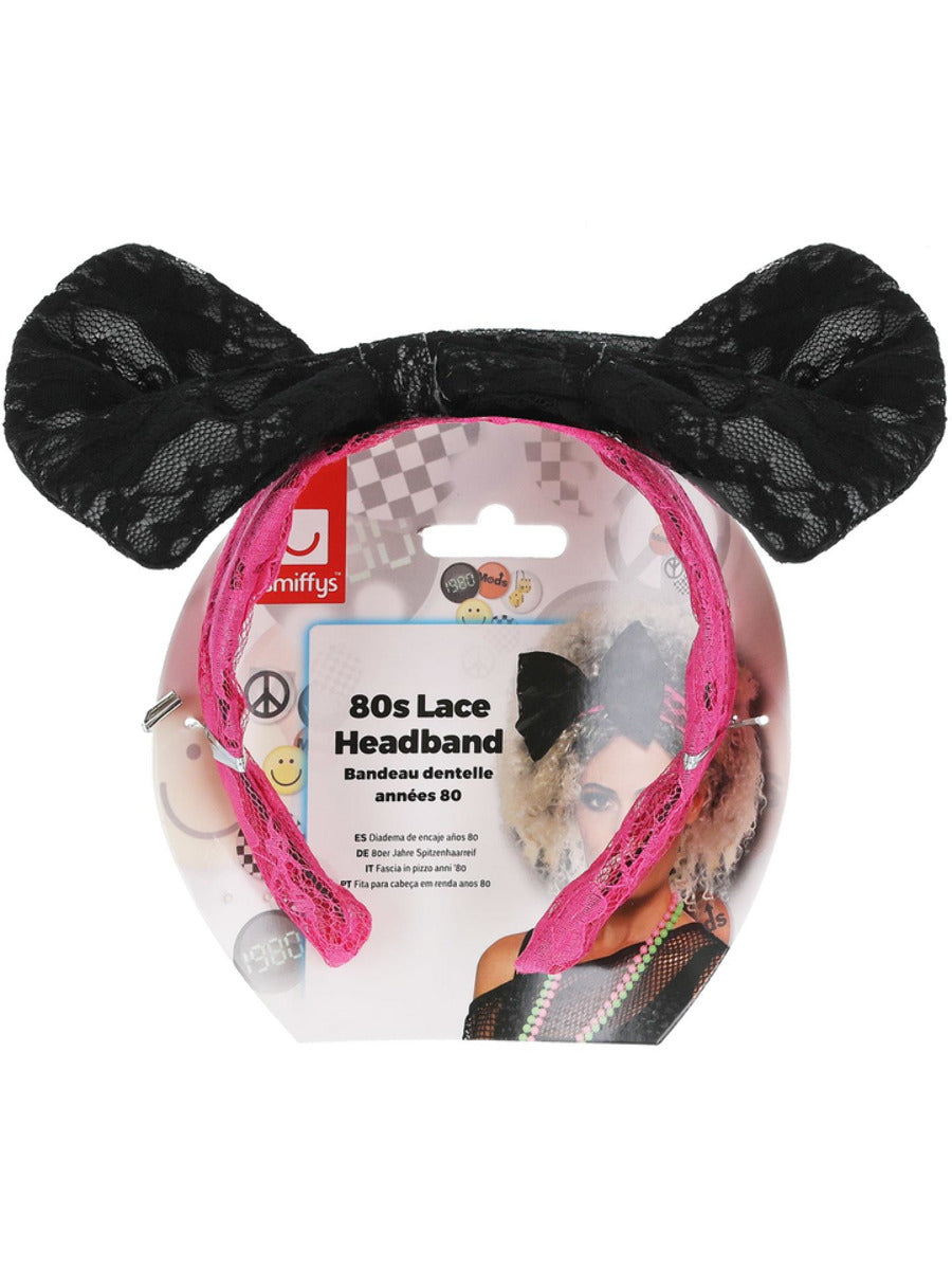 80s Lace Headband, Black & Pink - 3