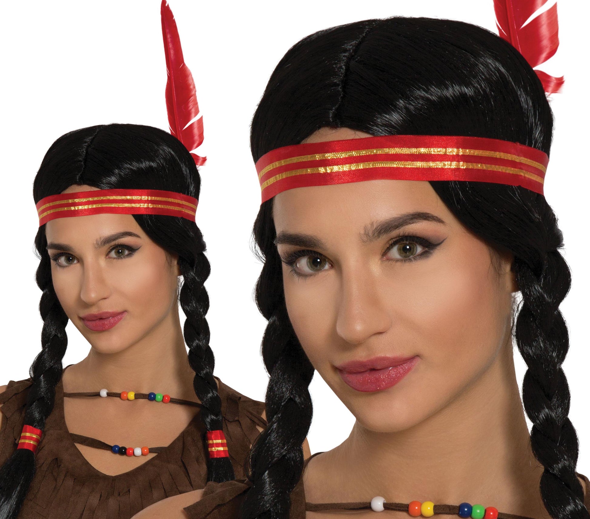 INDIAN WOMAN BRAIDED WIG WITH FEATHER (B