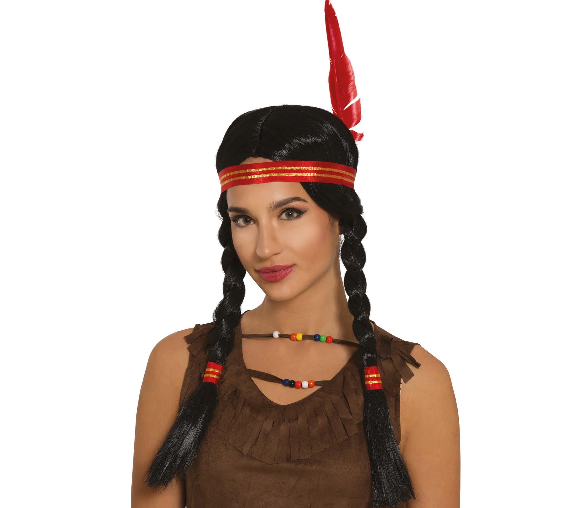 INDIAN WOMAN BRAIDED WIG WITH FEATHER (B